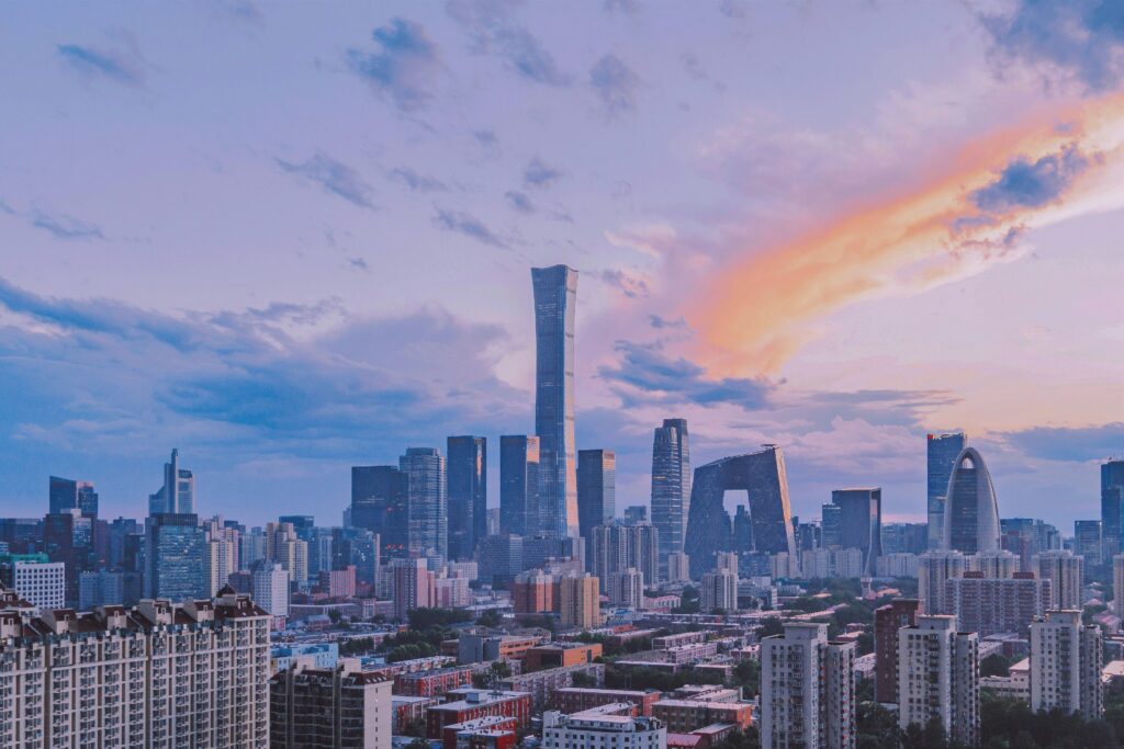 Aerial view of pinkish Beijing skyline at sunset